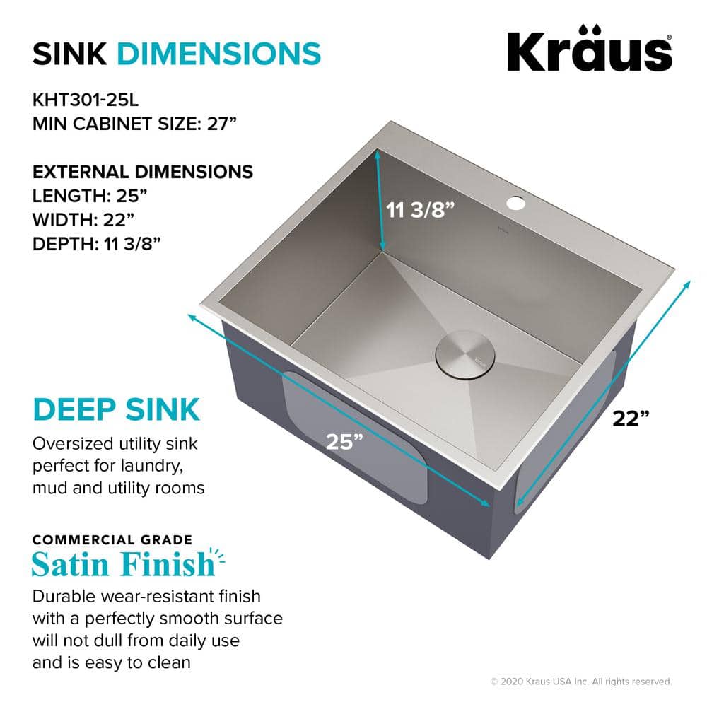 KRAUS Standart PRO 25" Drop-In 16 Gauge Stainless Steel Utility Sink