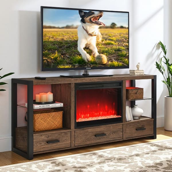 ToolCat 60 in. Freestanding Wooden Electric Fireplace Media TV Stand with Colorful LED Lights in Reclaimed Barnwood