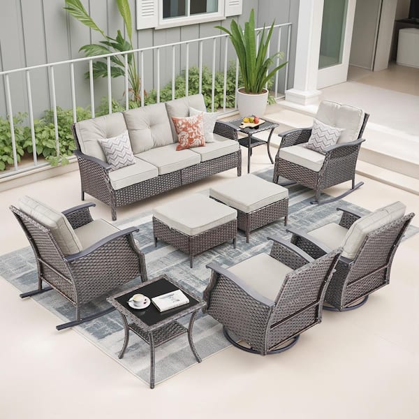 Buenaola Nyajiah 9-Piece Wicker Patio Conversation Set Outdoor Swivel Chairs Rocking Chair with Beige Cushions