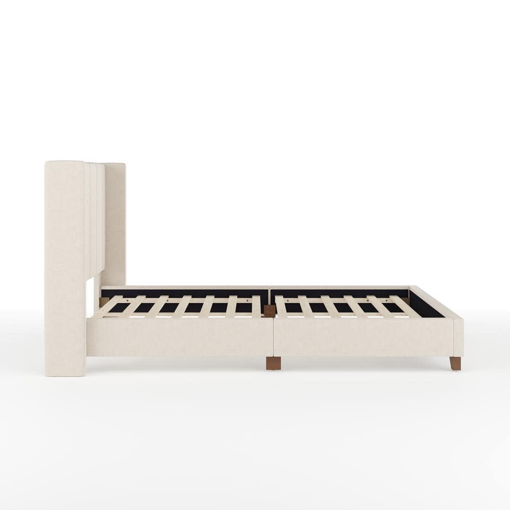 Beige Linen Upholstered Full Platform Bed with Wood Frame