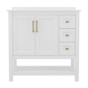 Vega 36 in. Bathroom Vanity with Sink Storage Cabinet Open Shelf, 3 Drawers Carrara Marble Finish Countertop White/Gold