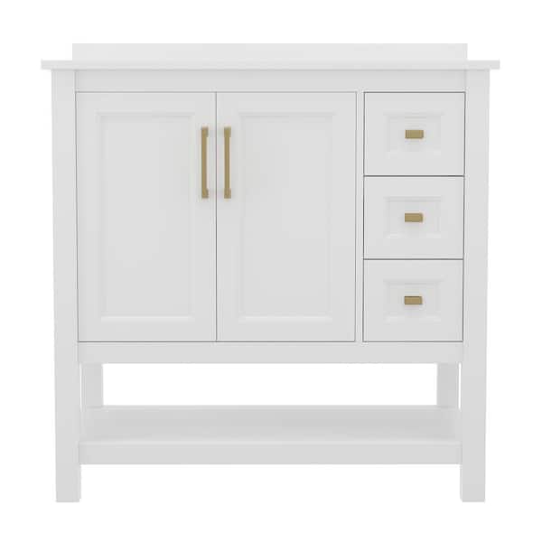 Carnegy Avenue Vega 36 in. Bathroom Vanity with Sink Storage Cabinet Open Shelf, 3 Drawers Carrara Marble Finish Countertop White/Gold