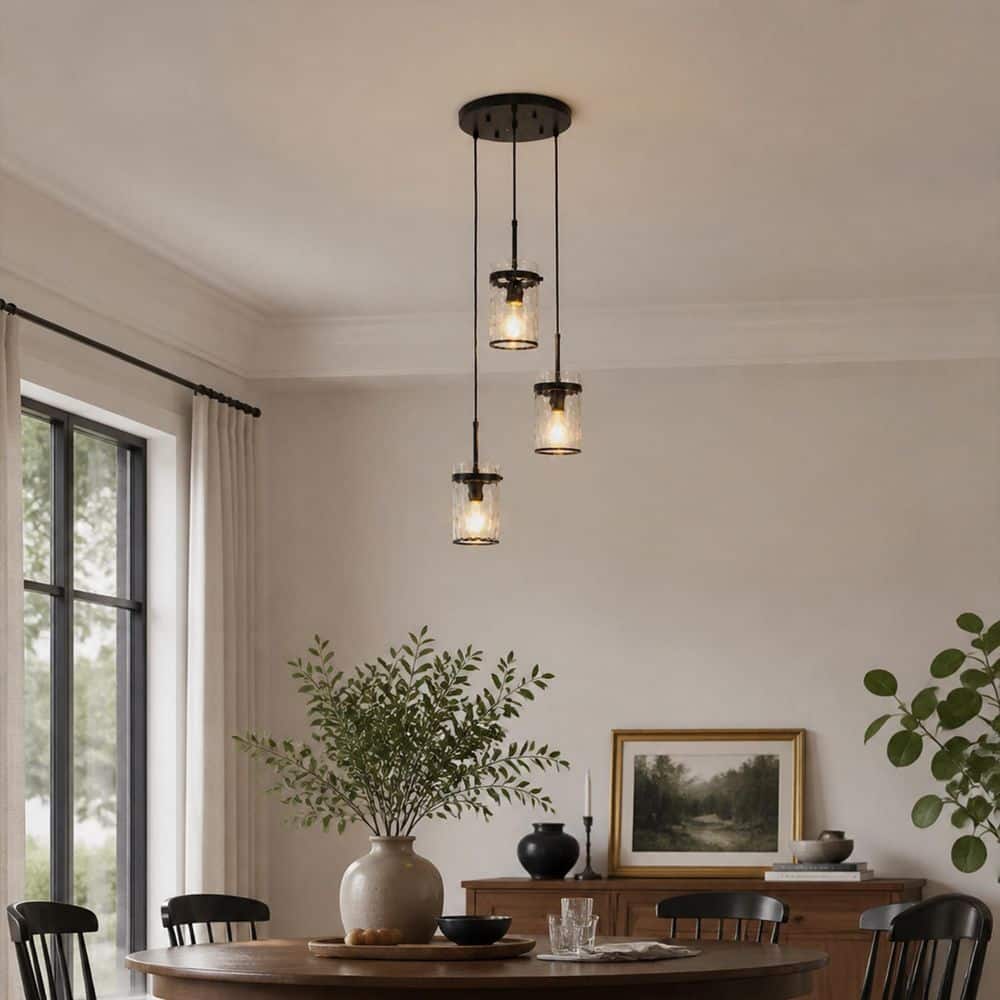 3-Light Pendant with Clear Water Ripple Glass Shades, Matte Black Finish, E26 Base, Adjustable Cord price history on PriceWatchPro