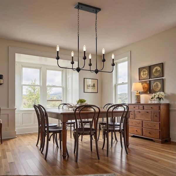 6-Light Black Island Pendant Light, Candle Chandelier Industrial Hanging Lighting for Dining Room and Kitchen Island