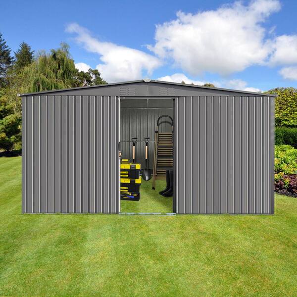 13 ft. W x 11 ft. D Gray Metal Outdoor Storage Shed and Firewood