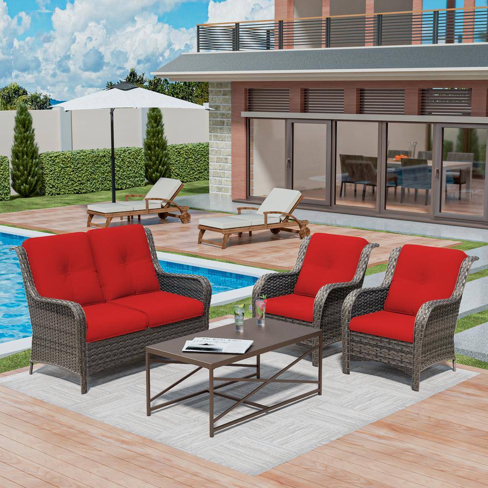 4 Pieces Conversation Patio Set, All-Weather Wicker Patio Furniture Set with Red Cushions -  MeetLeisure, Y-M08M79M78-RED