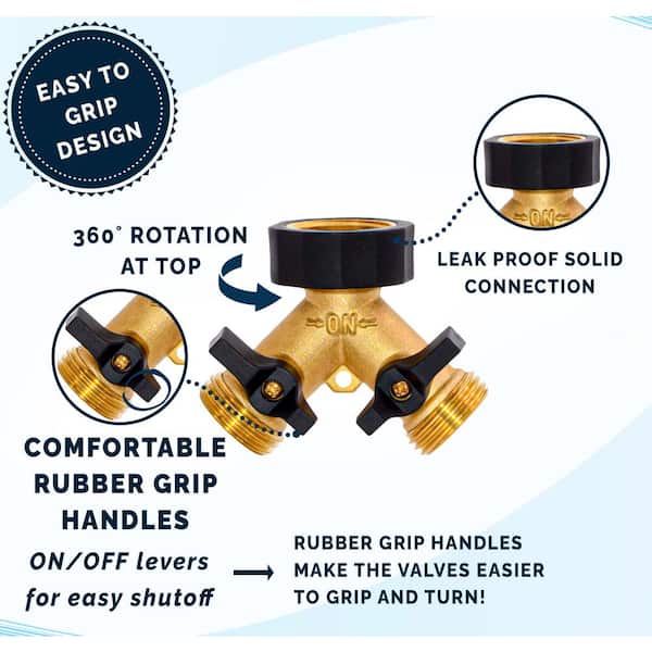 Heavy-Duty Brass and Rubber 2-Way Garden Hose Y Splitter, (4-Pack)