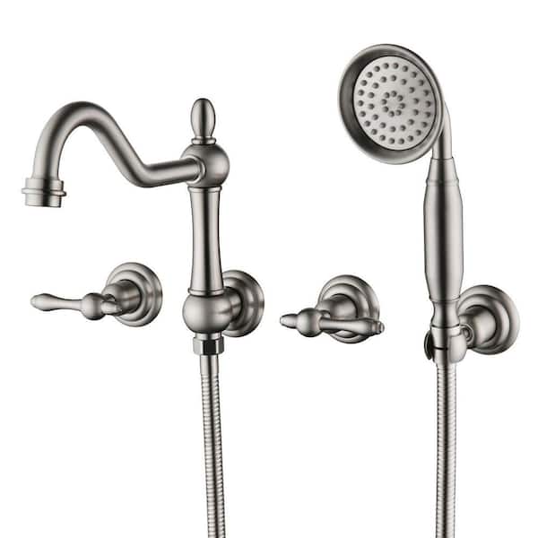 Vintage Double Handle Wall Mount Roman Tub Faucet with Hand Shower in Brushed Nickel