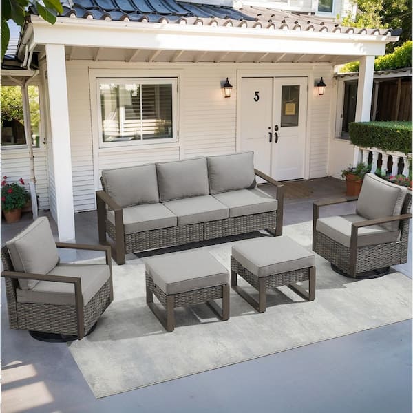 Gymojoy Allcot 5-Piece Gray Wicker Outdoor Sofa Set Patio Conversation Set with Cushion Guard Gray Cushions