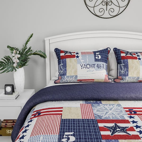 Nautical Americana Patchwork Print Microfiber Quilt Bedspread Set