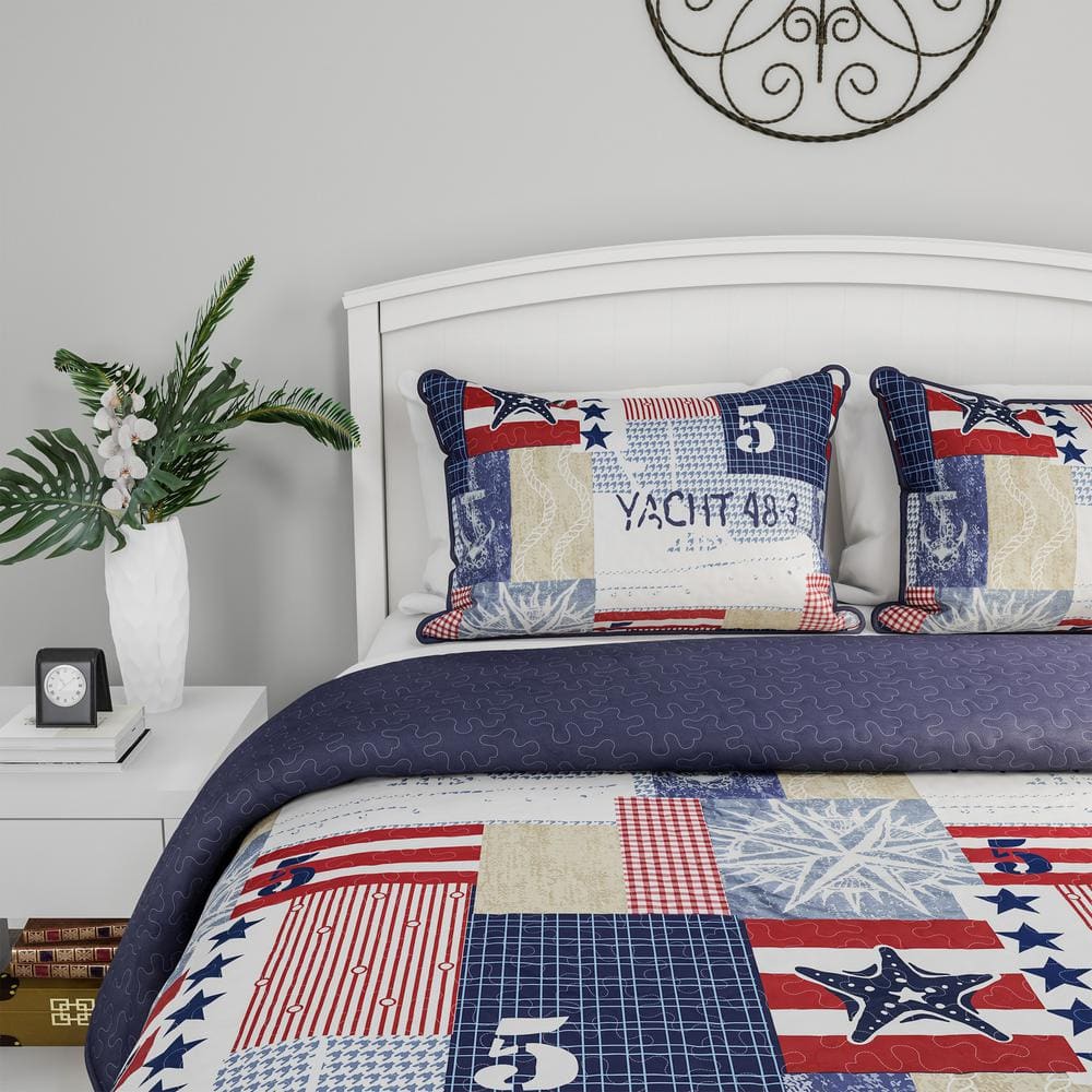 Twin White Microfiber Reversible Nautical Americana Bedspread Set