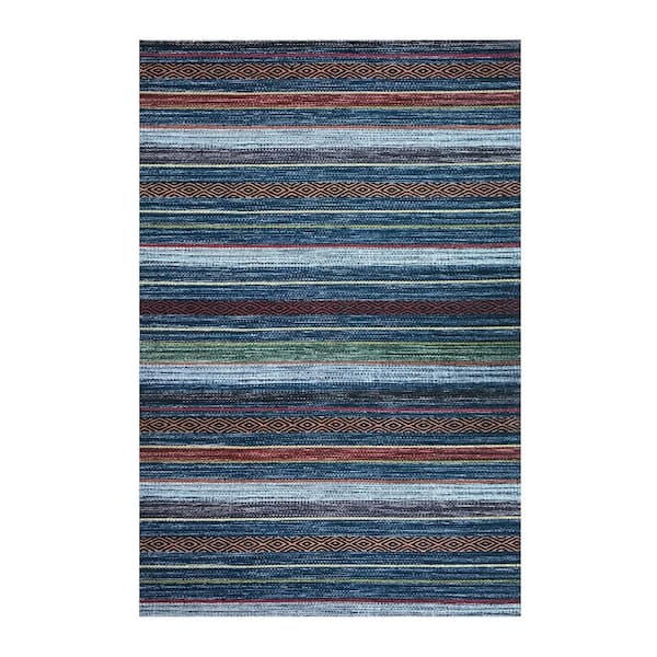 Runner Rug 2 ft. 2 in. x 9 ft. Blue Multicolor Stripes Design Low-Pile Non-Slip Hallway Kitchen Runner Rug