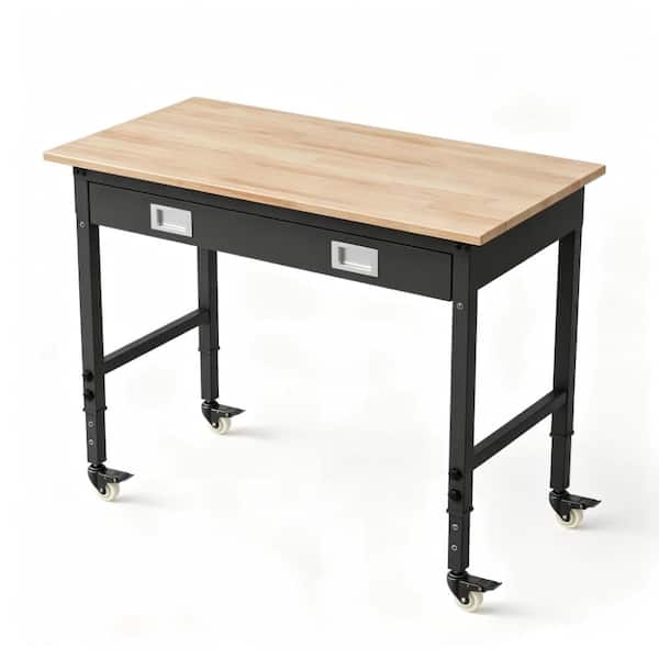 Adjustable Height Workbench 48x24 Inch Sturdy Rubberwood Top  Heavy Duty Work Table with Drawer and Caster for Workshop