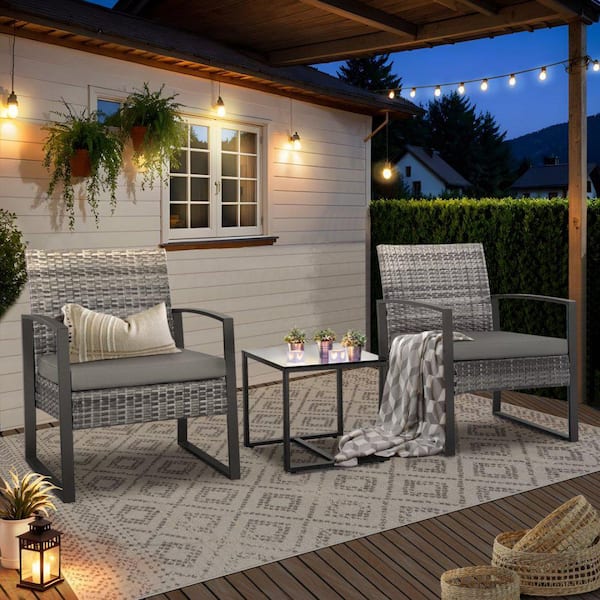 MIRAFIT 3-Piece Rattan Wicker Patio Conversation Set Outdoor Table and Chairs with Cushions