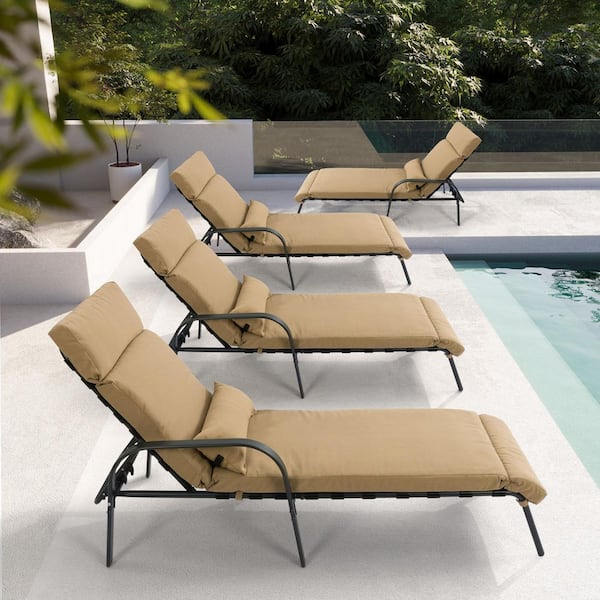 4-Piece Metal Outdoor Patio Adjustable Chaise Lounge with Tan Cushions and Armrests