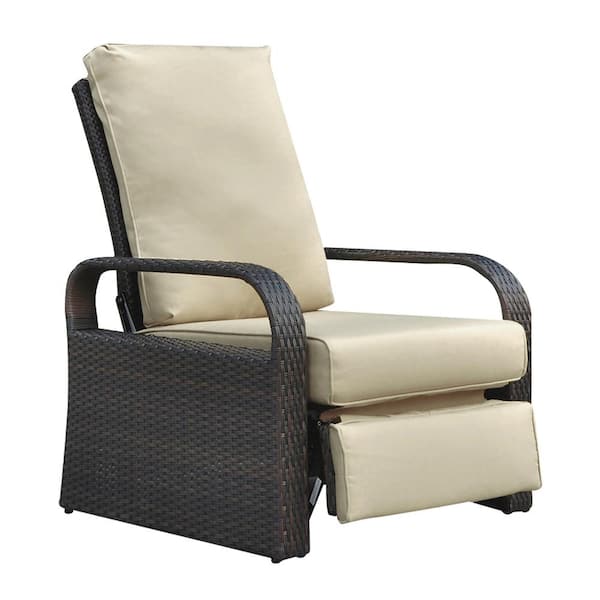 ITOPFOX Automatic Adjustable Aluminum Frame Brown Wicker Lounge Recliner Chair with Thicken Khaki Cushion