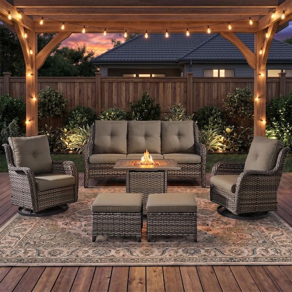 ArcoBay 6-Piece Gray Wicker Patio Square Fire Pit Conversation Set with Gray Cushions and Swivel Rocking Chairs