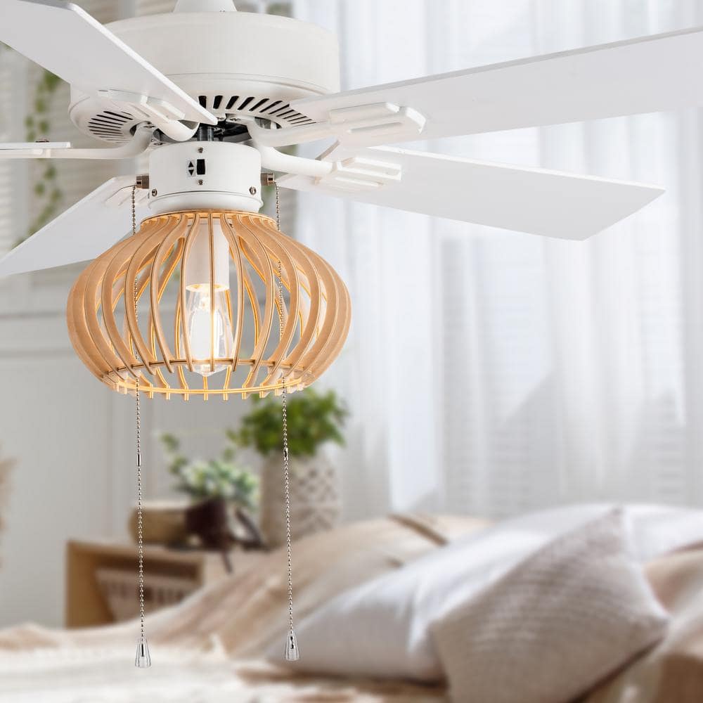 42" White and Tan Wood Caged Ceiling Fan with Light