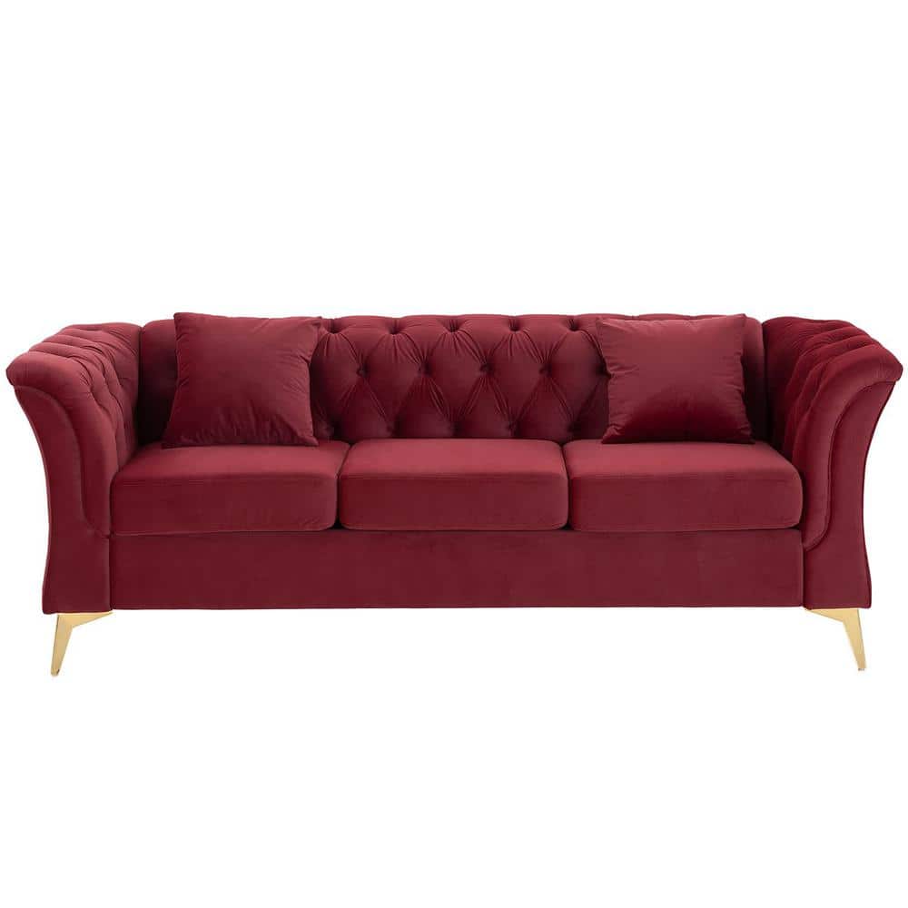 Modern 83.9 in. W Chesterfield Rolled Arms Fabric Straight Curved Sofa 3-Seat Button Loveseat with Metal Legs in Red