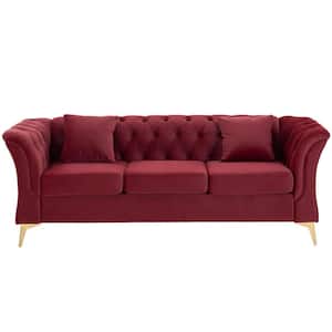 Modern 83.9 in. W Chesterfield Rolled Arms Fabric Straight Curved Sofa 3-Seat Button Loveseat with Metal Legs in Red