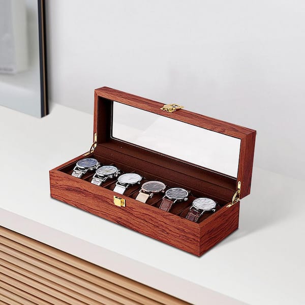 6 Slots Vintage Red Wooden Watch Box Display Organizer Jewelry Storage Case