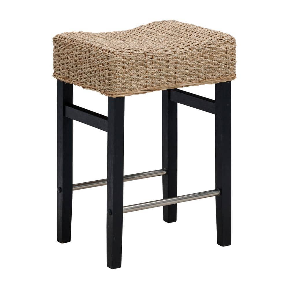 Black and Natural Woven Rattan Saddle Bar Stool with Metal Footrest