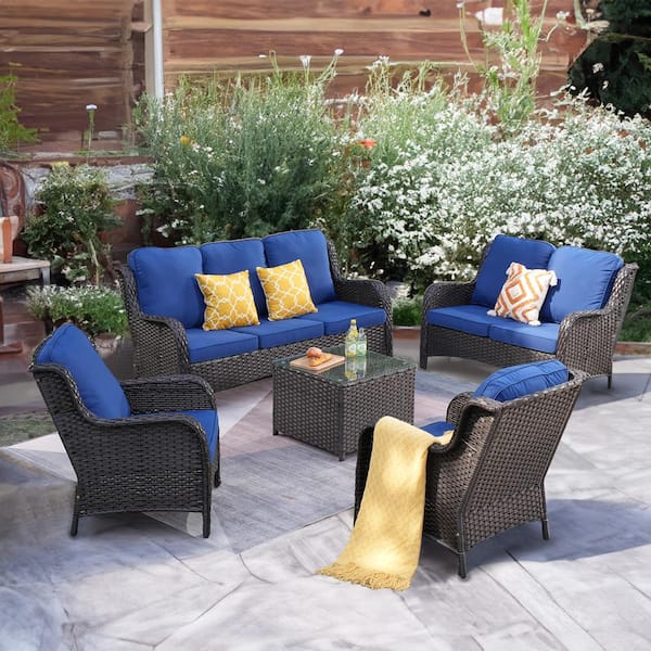 XIZZI Ceres Brown 5-Piece Wicker Outdoor Patio Conversation Seating Set ...