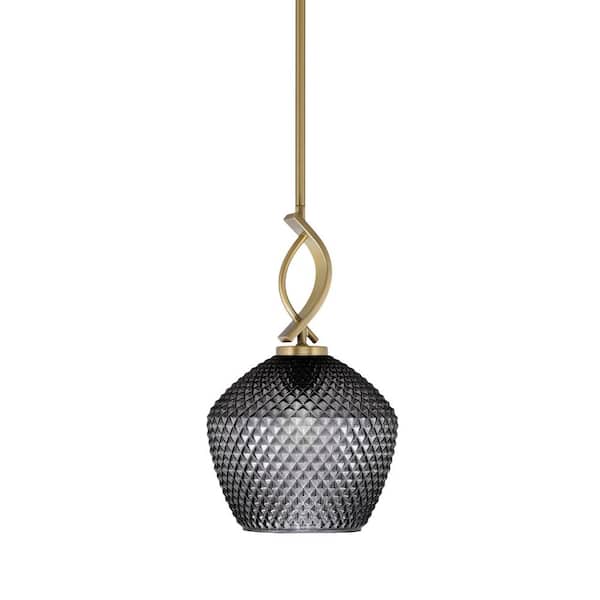 Unbranded Olympia 1-Light Stem Hung New Age Brass, Mini Pendant-Light with Smoke Textured Clear Glass Shade, No Bulb Included