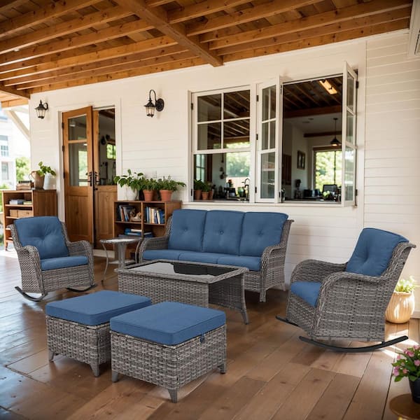 ArcoBay 7-Piece Gray Wicker Outdoor Rocking Swivel Chairs Patio Conversation Set with Blue Cushions and 3-Seat Sofa
