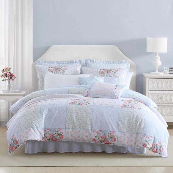 Hope Patchwork 7-Piece Pink/Green/Blue 100% Cotton Full/Queen Bonus Comforter Set