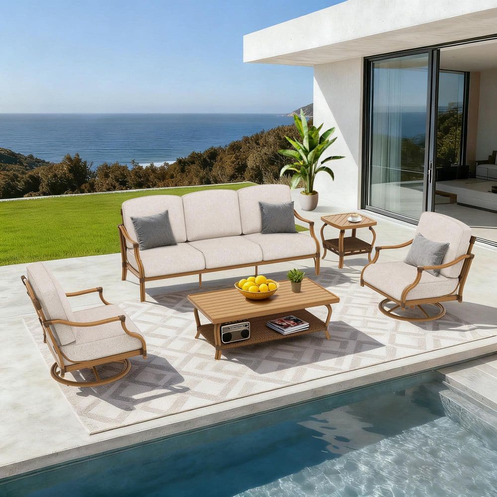 Arcadia 5-Piece Swivel Aluminum Outdoor Conversation Set with Beige Cushions