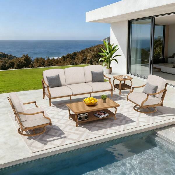 Arcadia 5-Piece Swivel Aluminum Outdoor Conversation Set with Beige Cushion