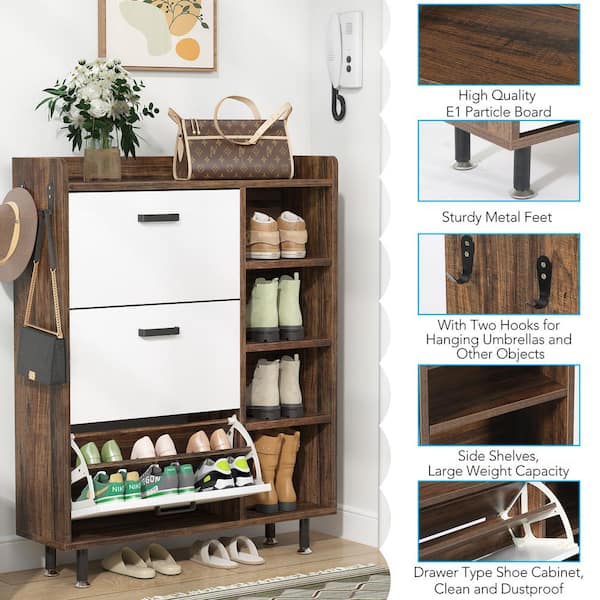 Tribesigns Shoe Cabinet, Freestanding Shoe Rack with Side Hooks