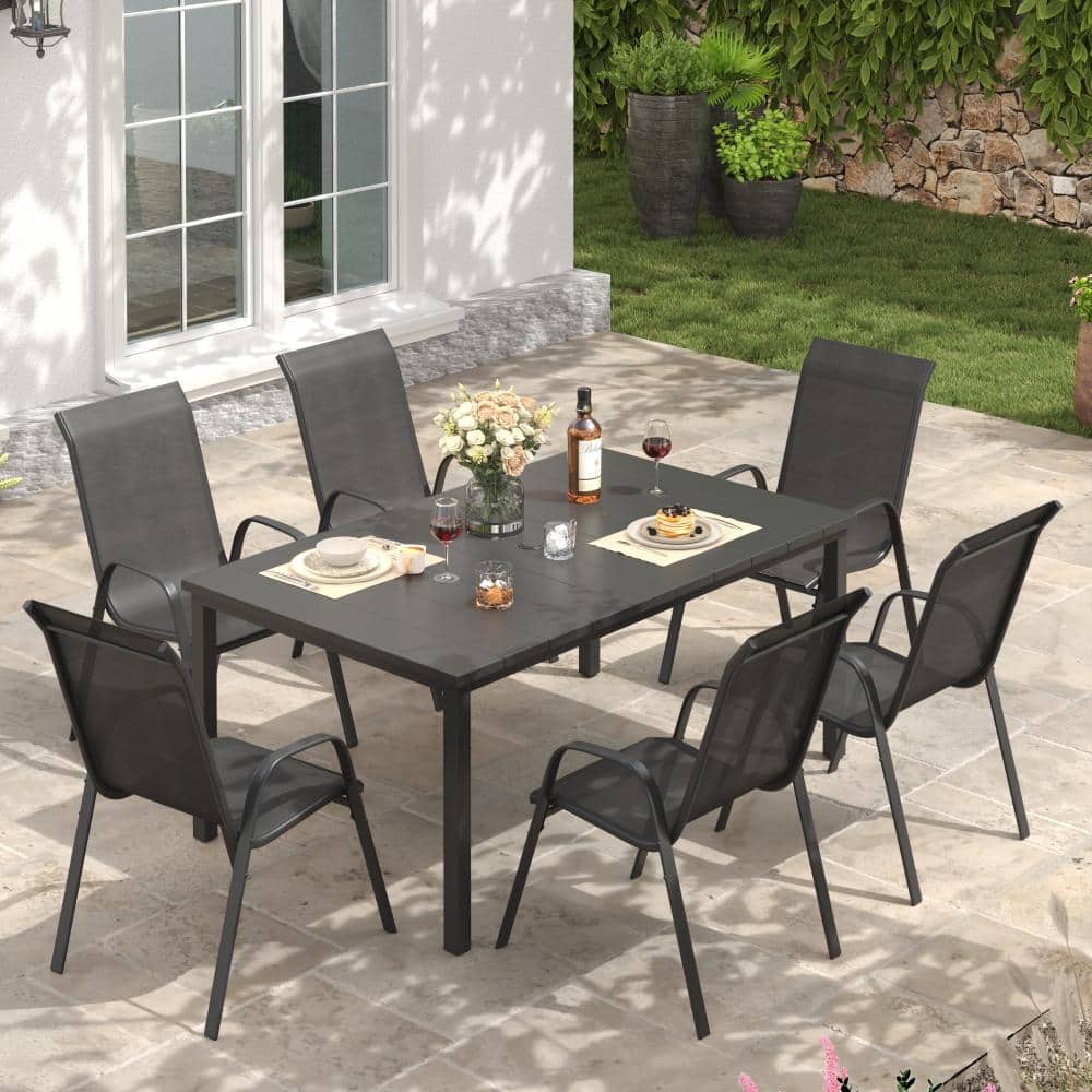 Black 7-Piece Metal Rectangular Outdoor Patio Dining Set with 6 Stackable Dark Gray Textilene Chairs price history on PriceWatchPro