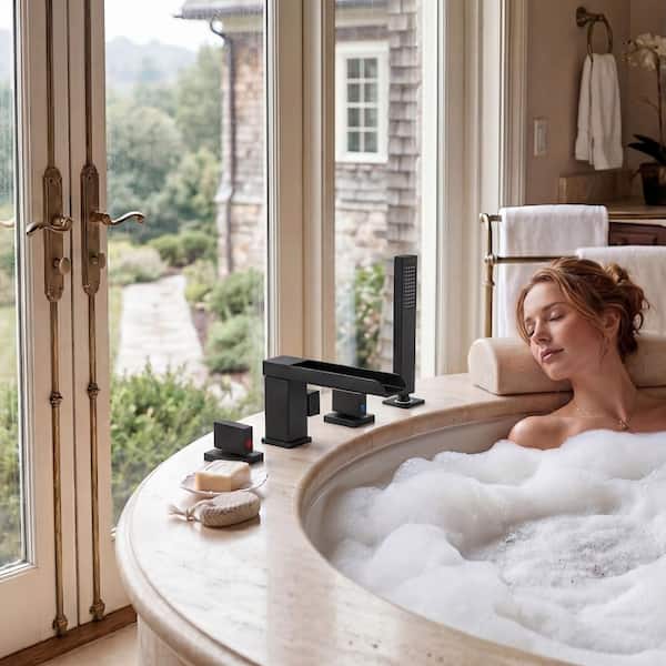 2 Handle Tub Deck Mount Roman Tub Faucet with 360° Swivel Waterfall Spout, Hand Shower in Matte Black
