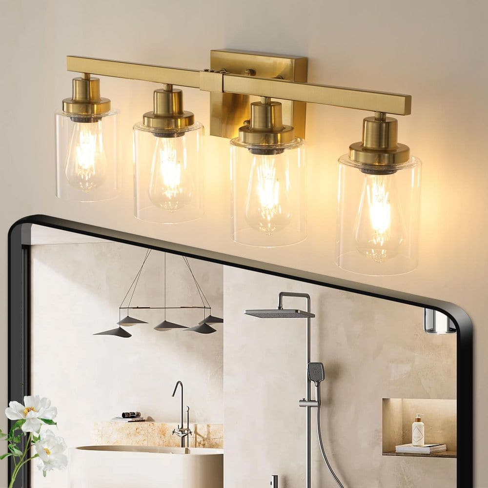 24 in. W 4-Lights Bathroom Vanity Lighting Fixture Gold Wall Sconce with Clear Glass Shades, E26, No Bulbs Included price history on PriceWatchPro