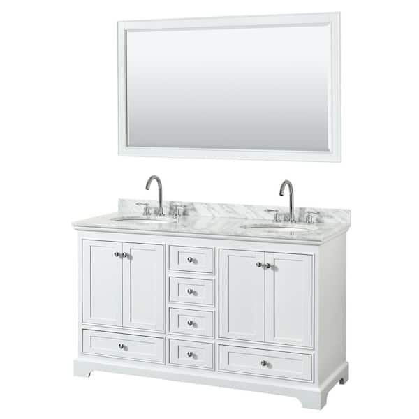 Wyndham Collection Deborah 60 in. Double Vanity in White with Marble Vanity Top in White Carrara with White Basins and 58 in. Mirror