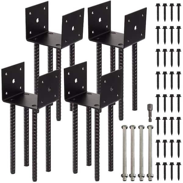 4 in. x 4 in. Metal Fence Post Holder Ground Spike Use for Concrete Deck, Black (4-Pack)