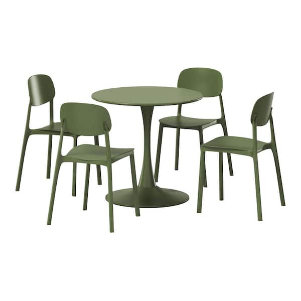 WESTIN OUTDOOR Frond and Form Outdoor Patio Modern 5-Piece Round HDPE Plastic Dining Table Set with Stackable Chairs, Olive Green