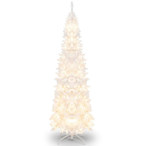 ANGELES HOME 7 ft.White Pre-Lit Hinged Pencil Christmas Tree White with 300 LED Lights and 8 Flash Modes