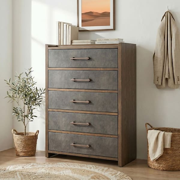 dresser leather Furniture of America Jordan Dark Walnut Wood 5-Drawer 38 in. Chest of  Drawers with Faux Leather Panel and Raised Edge N74009DW-C