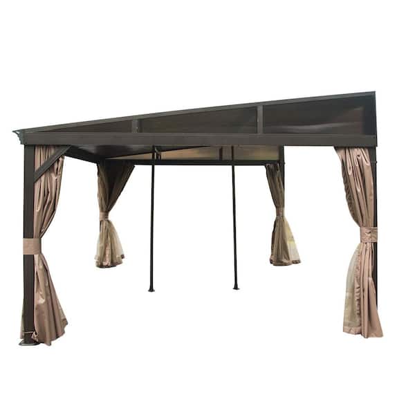 10 ft. x 12 ft. Brown Outdoor Aluminum Frame Galvanized Steel Roof Wall Mounted Lean To Gazebo with Curtains and Netting