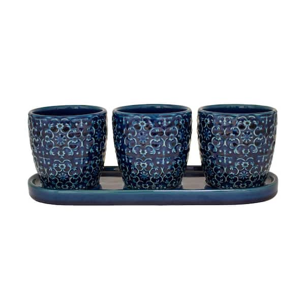 Trendspot 12 in. Blue Mediterranean Bell Ceramic Trio Planter