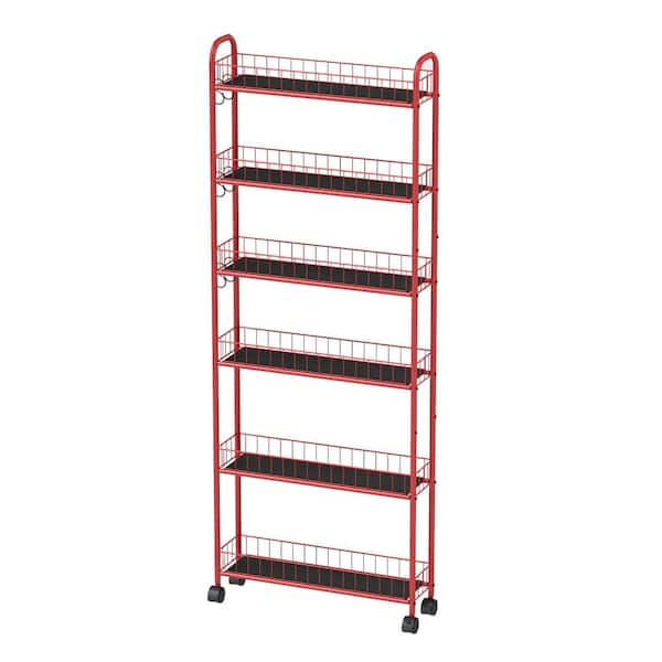 Unbranded Red 22.8 in. W x 10 in. D x 61 in. H 6-Tier Kitchen Slim Storage Rack Metal Pantry Organizer with Wheels