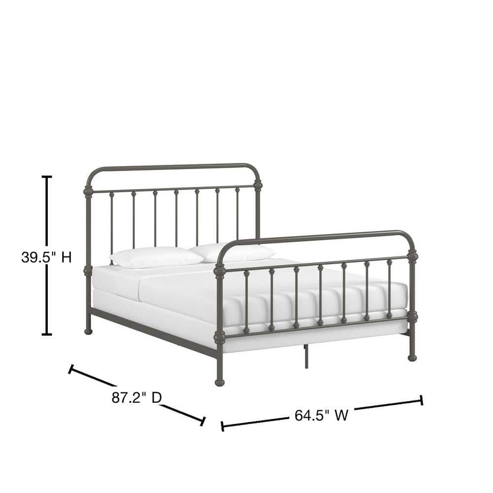 Measurement diagram of the frost grey antique Victorian metal queen bed.