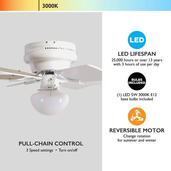 Prominence Home Alvina 42 Inch Ceiling Fan With LED Light - Hugger Mount, Farmhouse White, 3 Speeds, Reversible