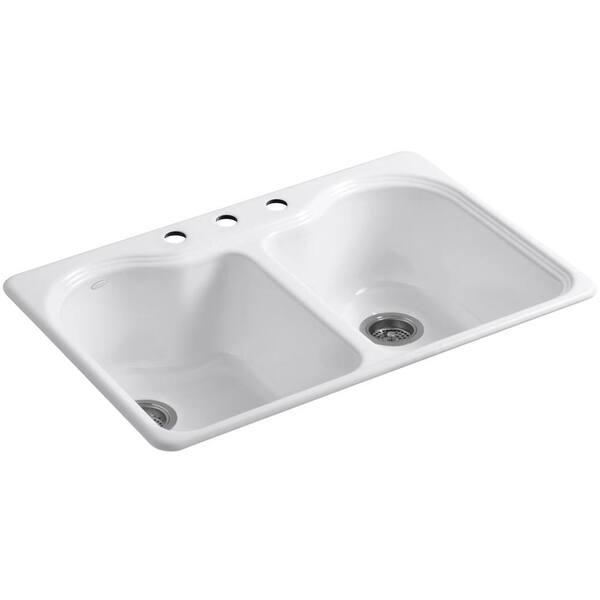 KOHLER Hartland Drop-In Cast Iron 33 in. 3-Hole Double Bowl Kitchen Sink in White