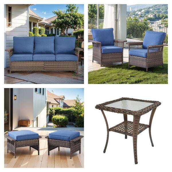 Seagull Wicker 3-Seat Sofa, Lounge Chair, 2-Pack Ottoman and Brown Wicker Side Table Combo