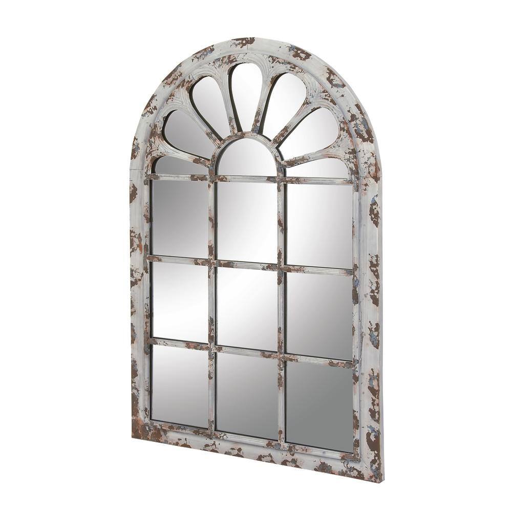 White Distressed Wood Arched Windowpane Wall Mirror