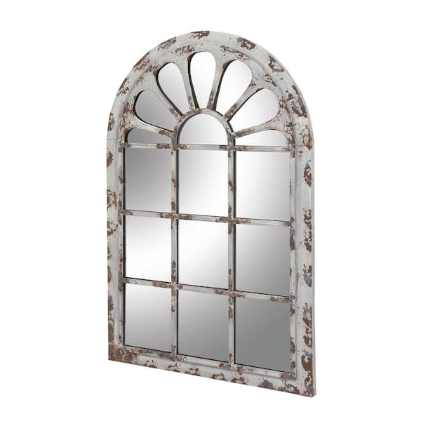 52 in. x 34 in. Window Pane Inspired Arched Framed White Wall Mirror with Arched Top